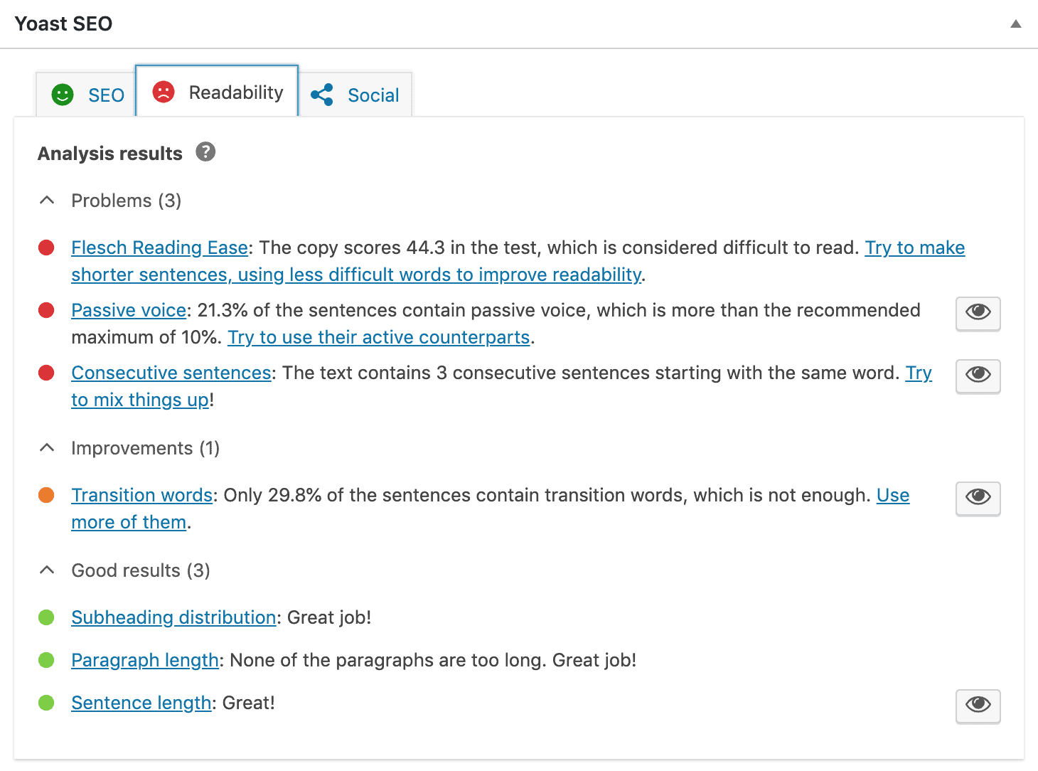 Screenshot of the Yoast plugin in action showing the readability score of a piece of content