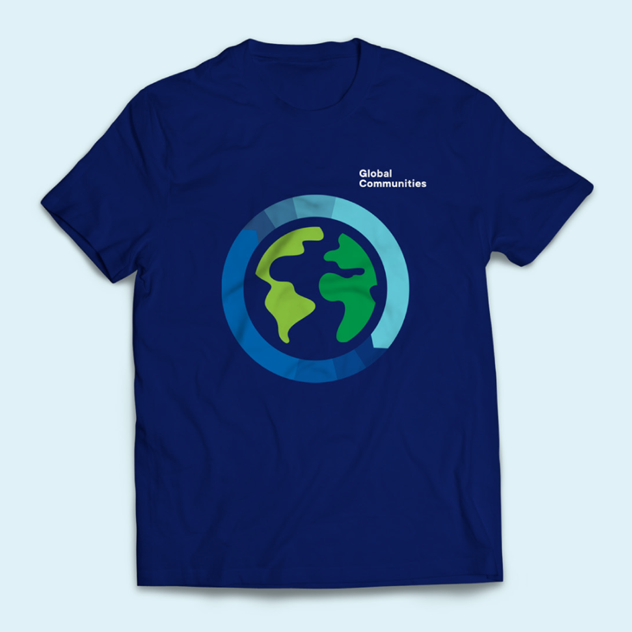 A blue t shirt with Global Communities logo
