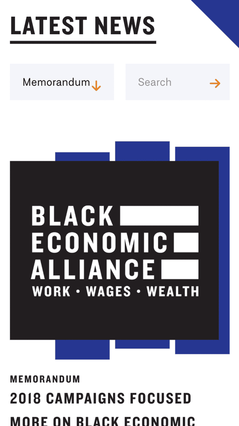 mobile screenshot of the News page of the Black Economic Alliance website