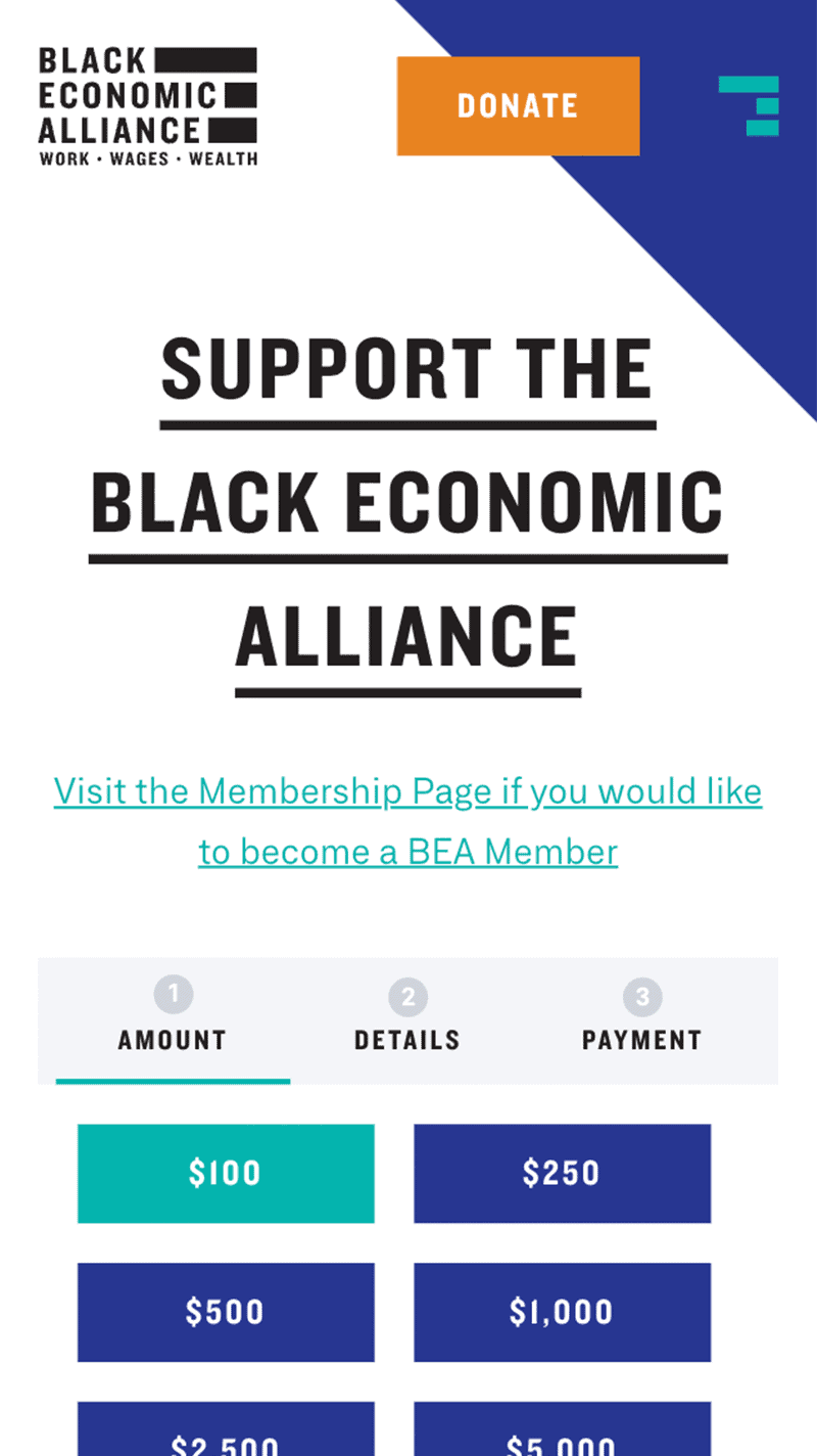 mobile screenshot of the Donate page of the Black Economic Alliance website