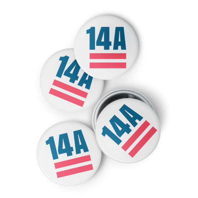 Pin badges with the 14 A logo
