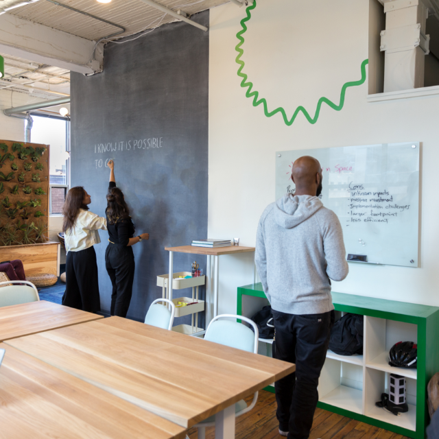 Two women write on a large blackboard wall and a man reads from a whiteboard in a bright office with plants in the background