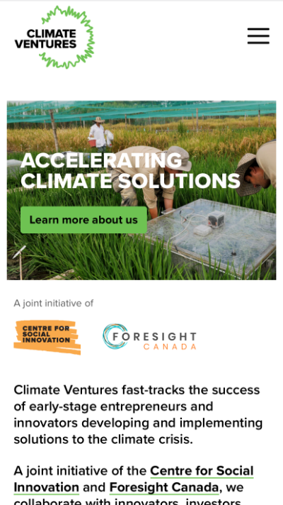 Screenshot of a Climate Ventures website page