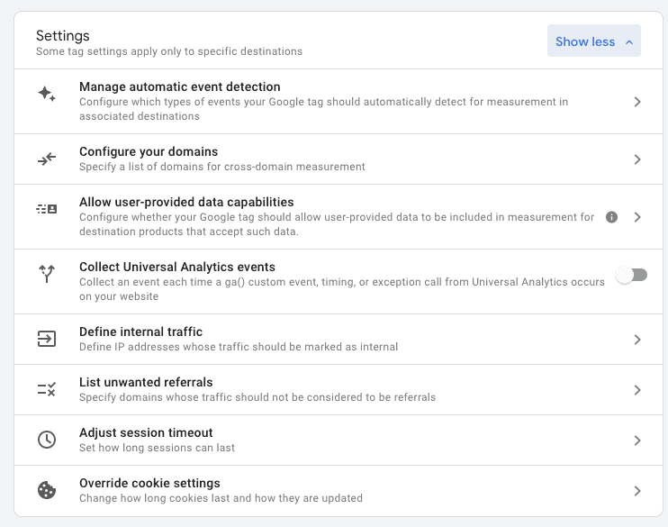 screenshot of Google Tag settings