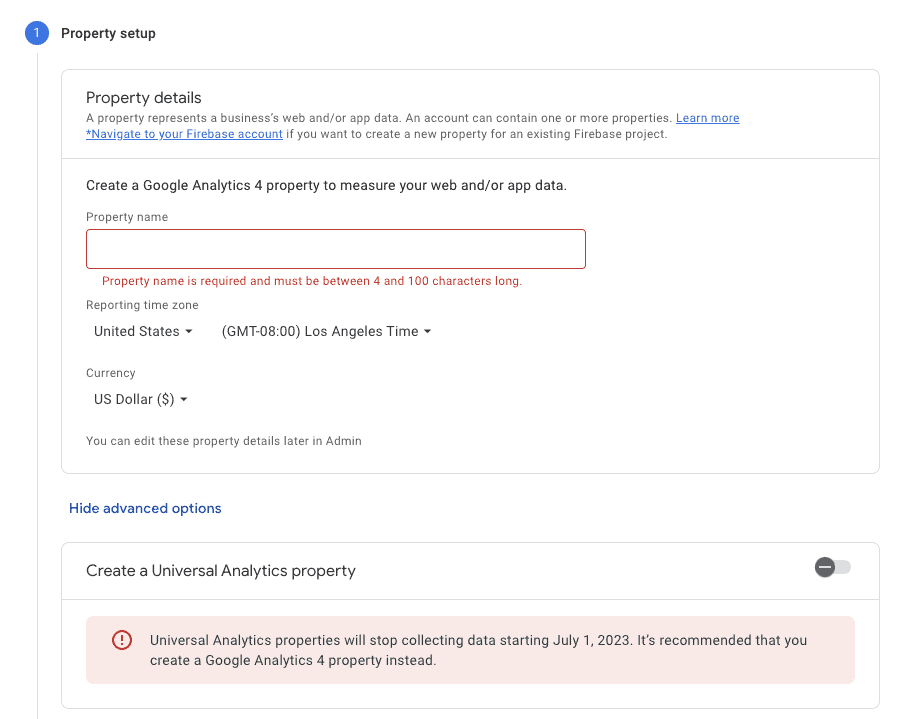 screenshot of GA4 property stetup