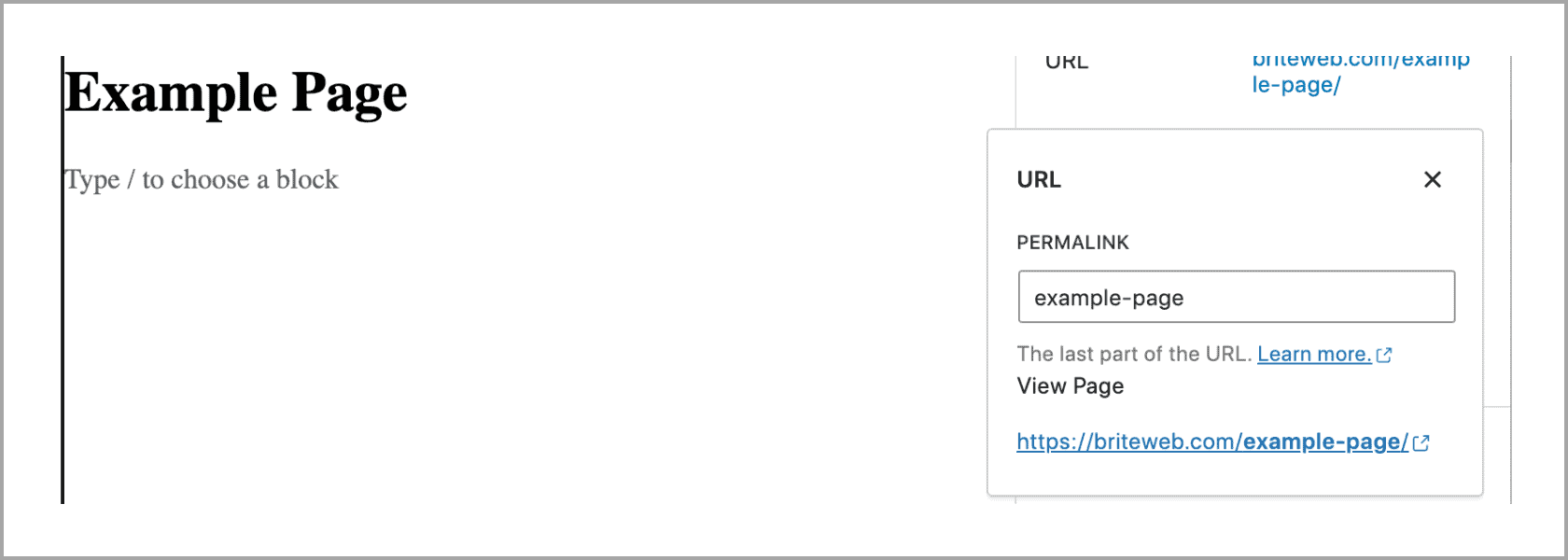 screenshot of a new page's settings sidebar with a window open to edit the slug URL