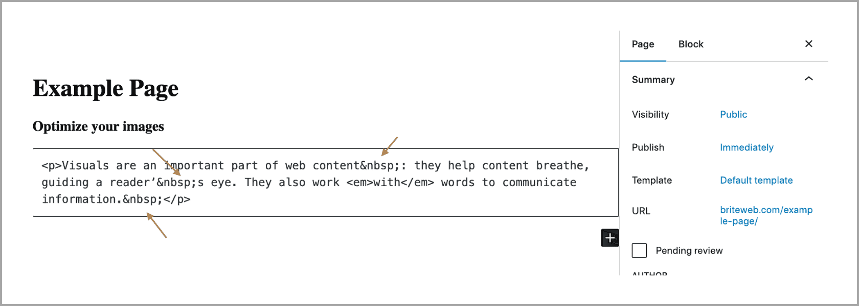 screenshot of HTML editor in wordpress with and arrow pointing to span code within a paragraph of text