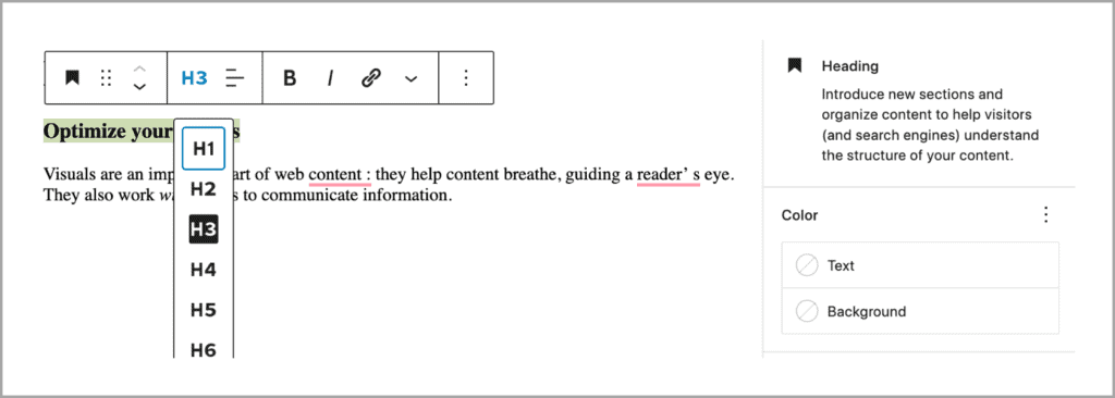 Screenshot of heading tags editor in WordPress