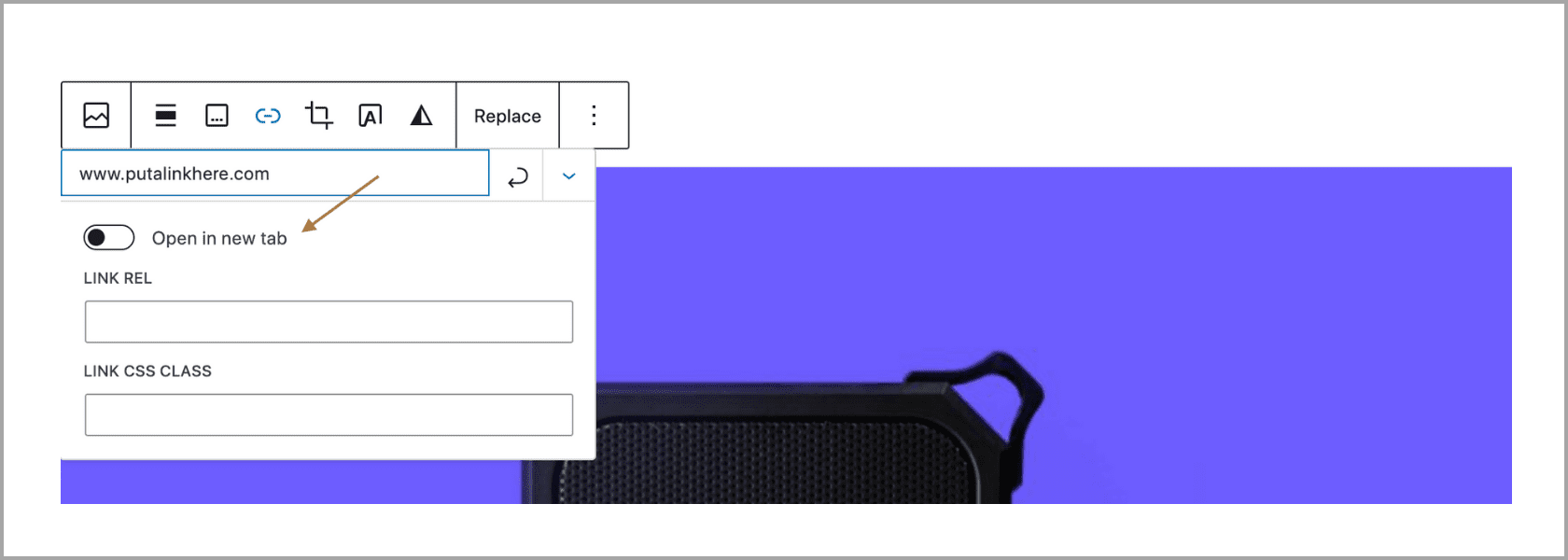 Screenshot showing WordPress editor checkbox that reads "Open in New Tab"