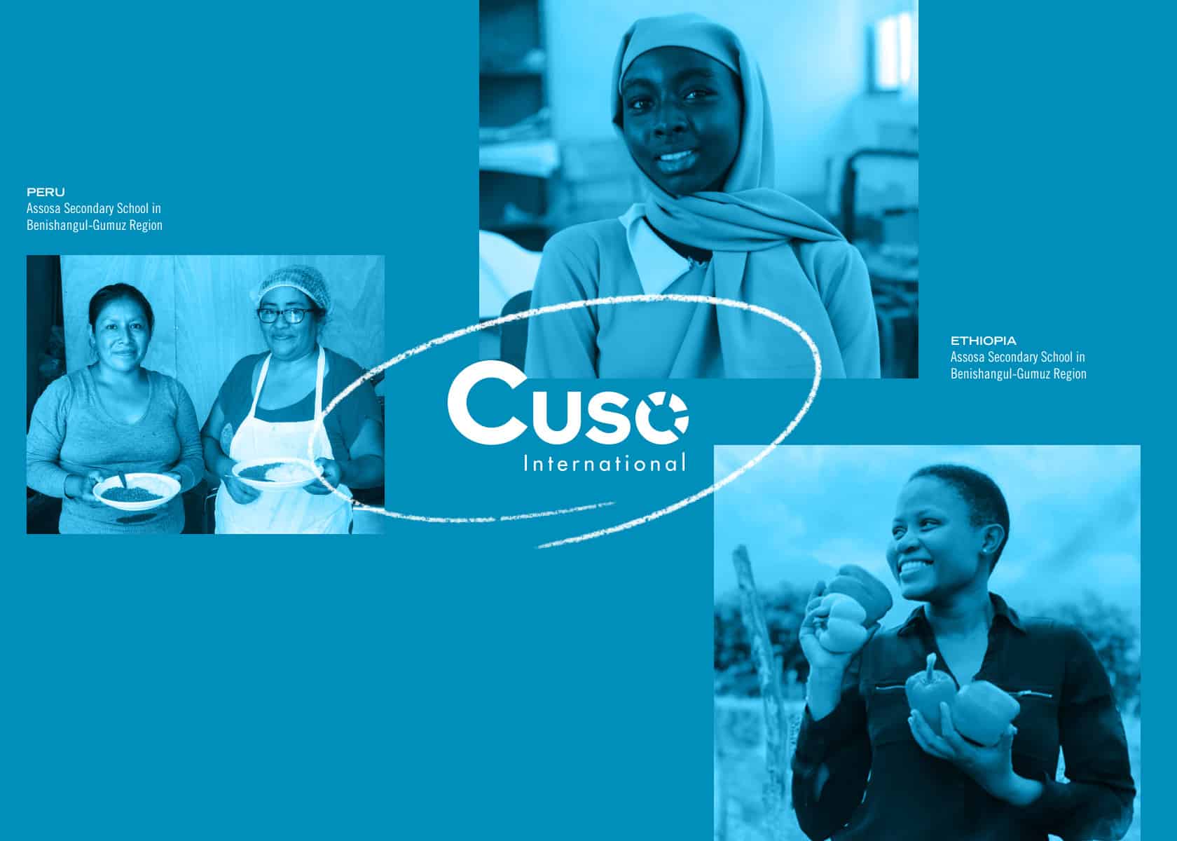 graphic with three photographs of women smiling, with a Cuso International logo at the center