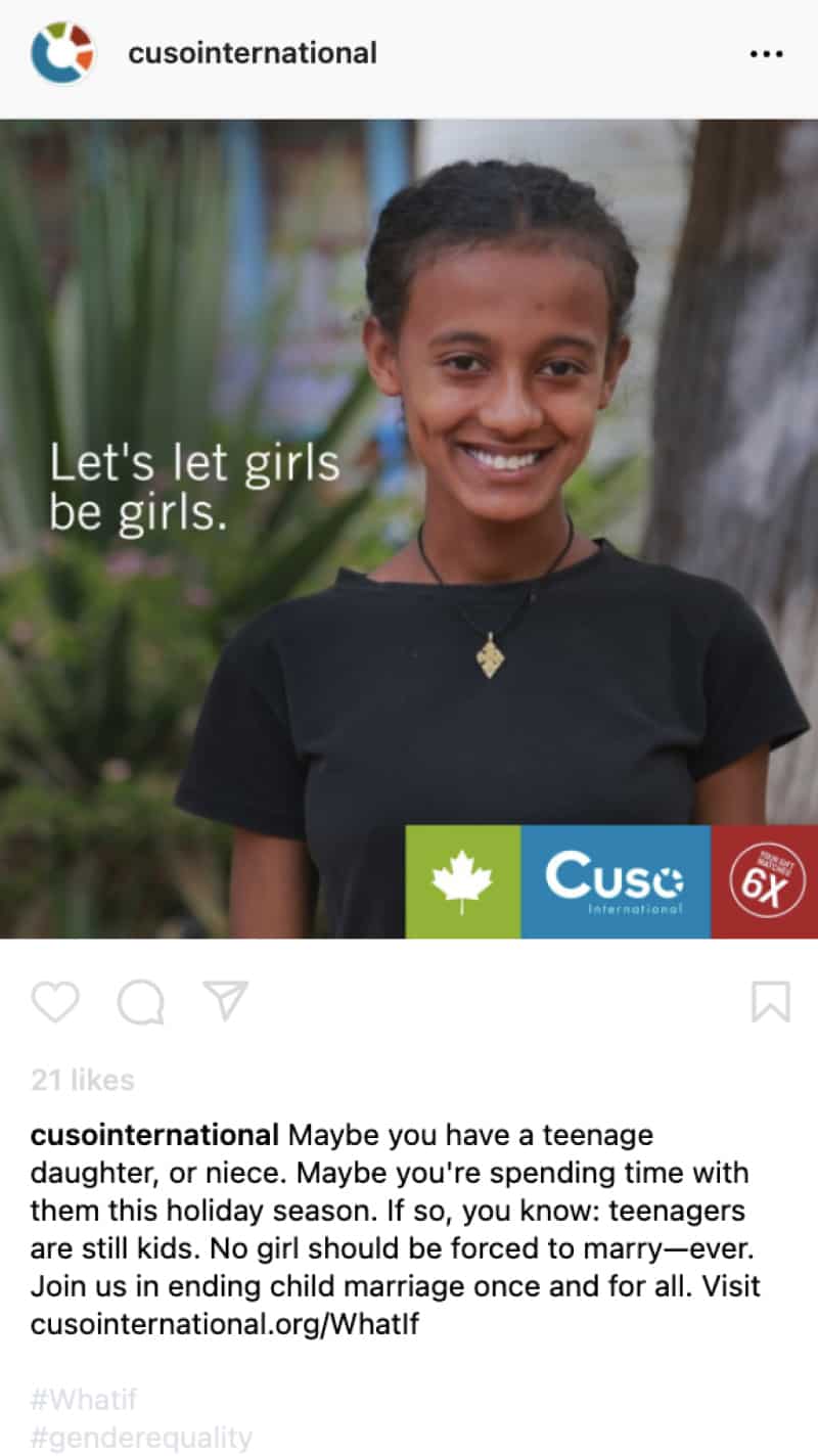 screenshot of instagram post featuring a photo of a girl smiling with text beside her that reads 