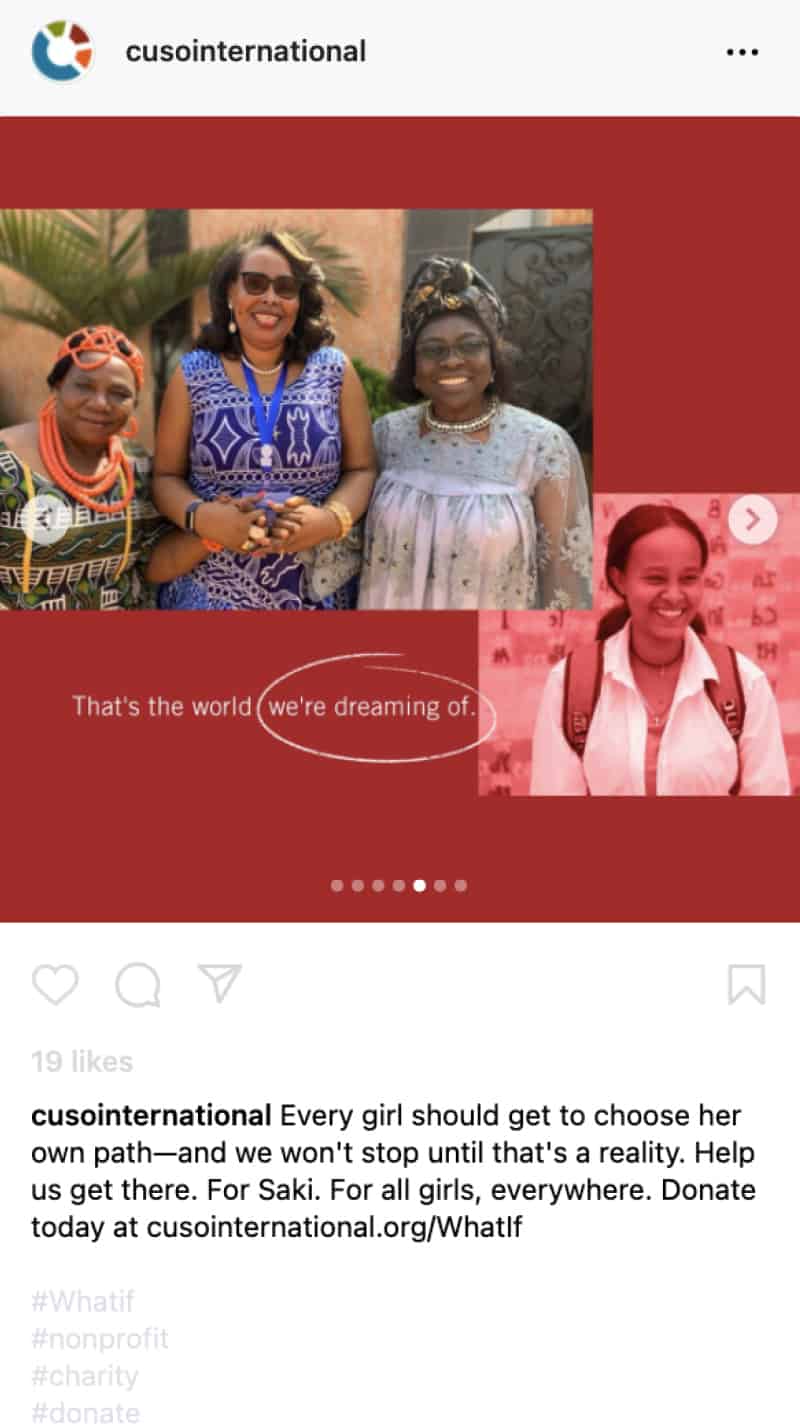 screenshot of instagram post featuring two photos of women smiling with text beside it reading 