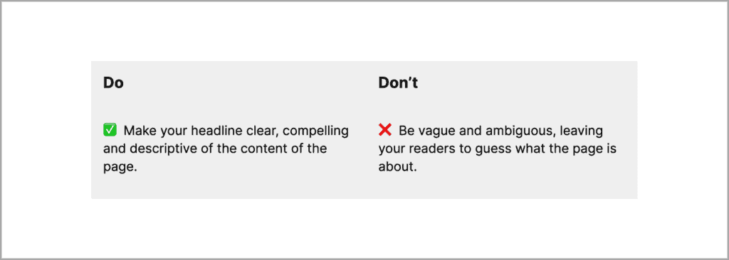 A graphic table reading: "Do: Make your headline clear, compelling and descriptive of the content of the page." and "Don't: Be vague and ambiguous, leaving your readers to guess what the page is about."