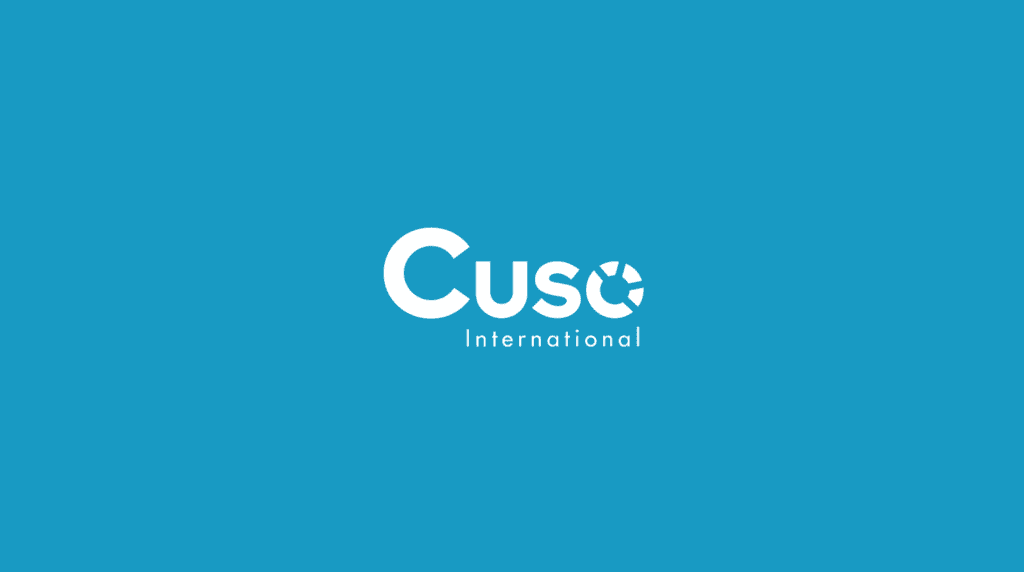 image with blue background and a white Cuso International logo