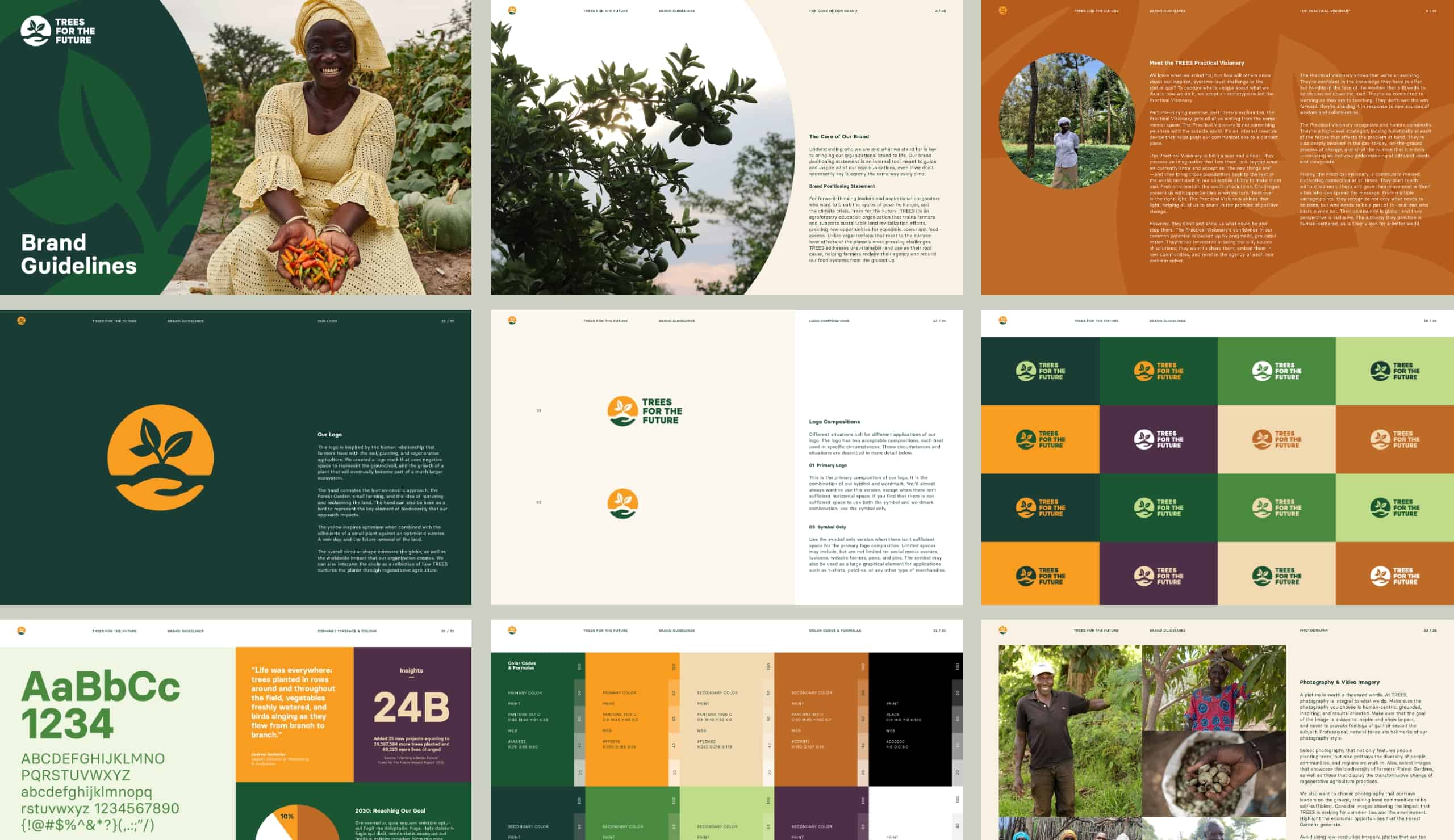 Collages of pages from Trees for the Future Brand Guidelines