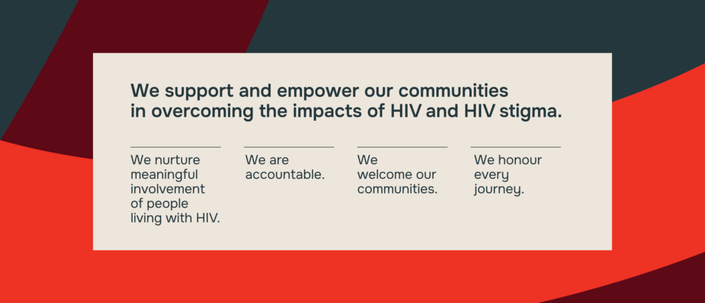Text that reads: We support and empower or communities in overcoming the effects of the HIV stigma, and the 4 statements of their purpose statement.
