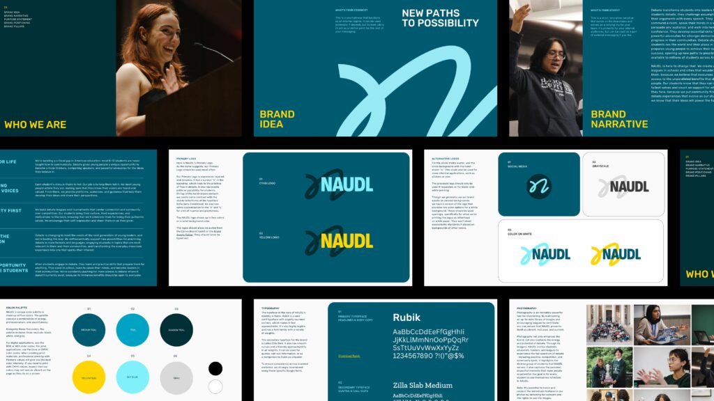 Brand guidelines for NAUDL, showing the Brand idea - New Paths To Possibility, Brand Narrative, logo and colour treatment